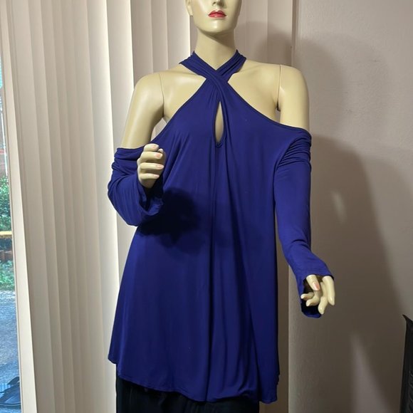 Tops - Women 2X SEXY Cold Shoulder Cross Front Blouse- Navy Blue GORGEOUS Style!
